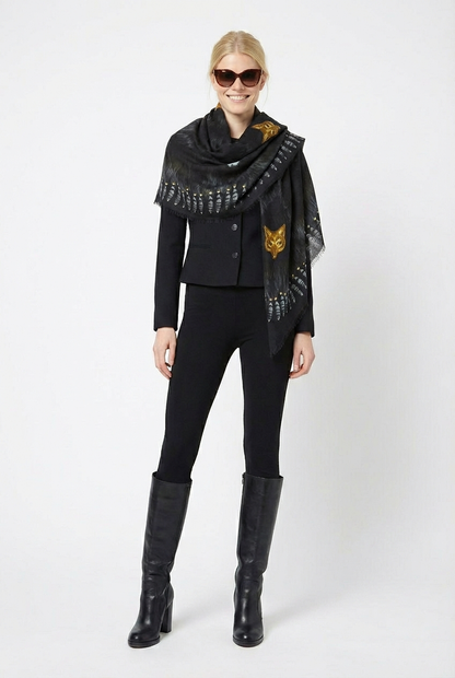 VASSILISA Scarf in Black Colour: Fur and Wolves Masks Print