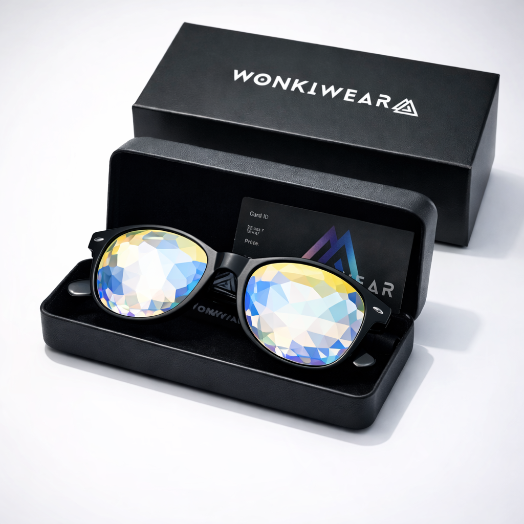 Wayfarer Kaleidoscope Glasses – Trippy Rave Prism Festival Glasses (White Frame)