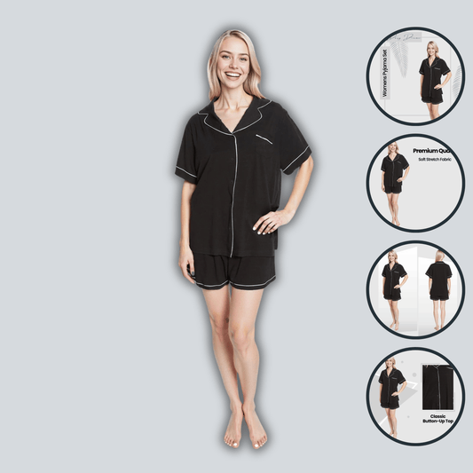 Women's Black Short Pyjama Set Super Soft Sleepwear Nightwear Button Up Top and Shorts with Pockets PJs by Daisy Dreamer
