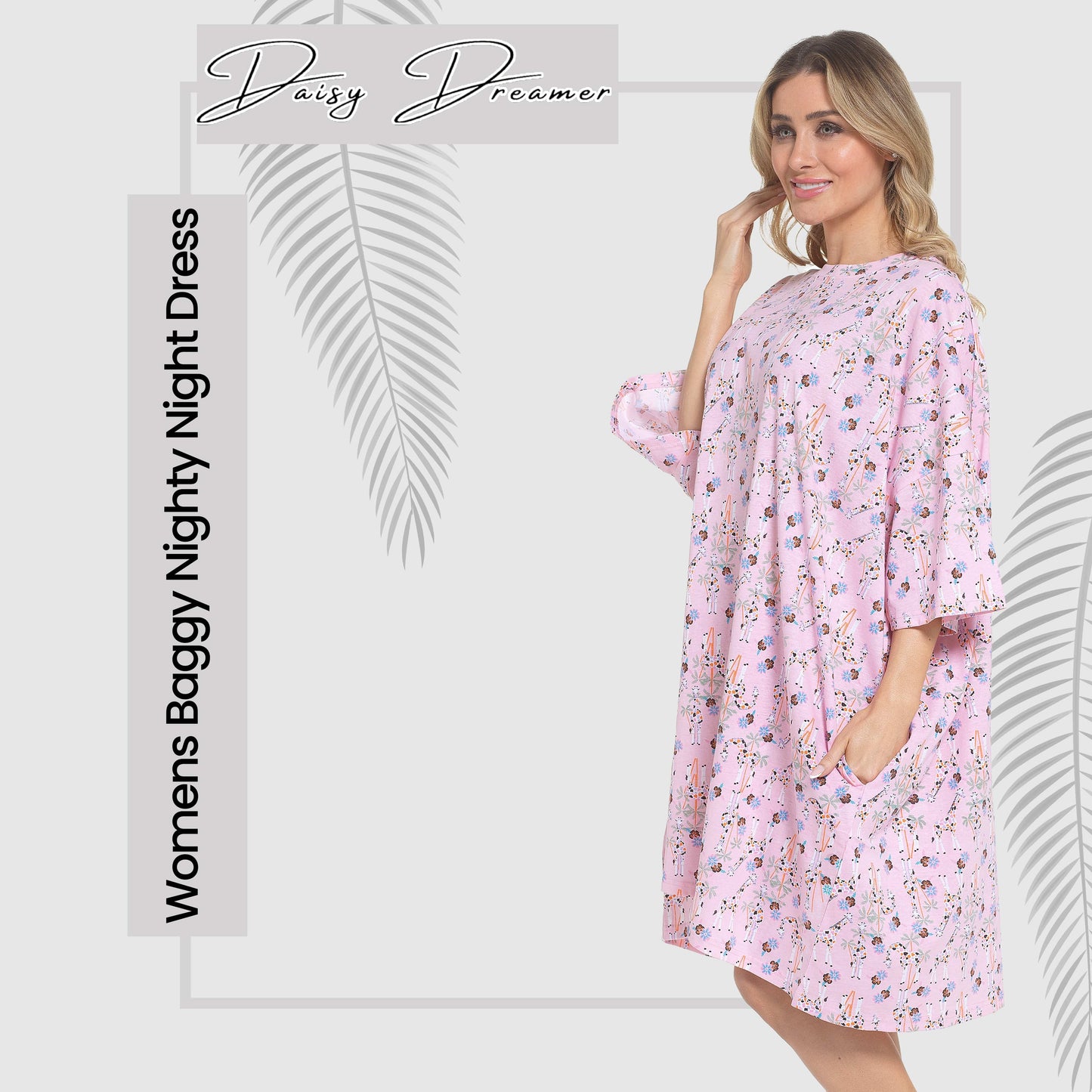 Women's Giraffe Baggy Nighty Dress Oversized T-Shirt Nighties 100% Cotton Short Sleeved Nightshirt for Ladies by Daisy Dreamer