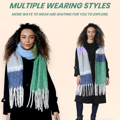 Women’s Green Blue Chunky Knit Bright Plaid Blanket Scarf Long Winter Wrap Warm Striped Shawl with Tassels Gift for Ladies by Daisy Dreamer