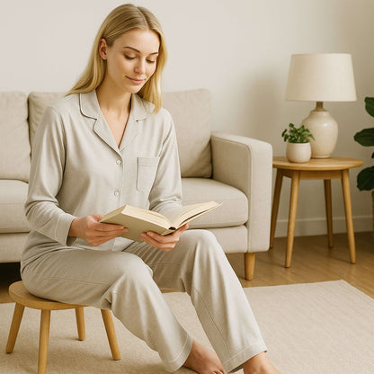 Women's Grey Pyjama Set Soft Touch Long Sleeve Button-Up Top & Bottoms Two-Piece Nightwear by Daisy Dreamer