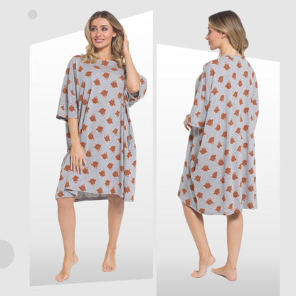 Women's Highland Cow Cream Baggy Nighty Dress Oversized T-Shirt Nighties 100% Cotton Short Sleeved Nightshirt for Ladies by Daisy Dreamer