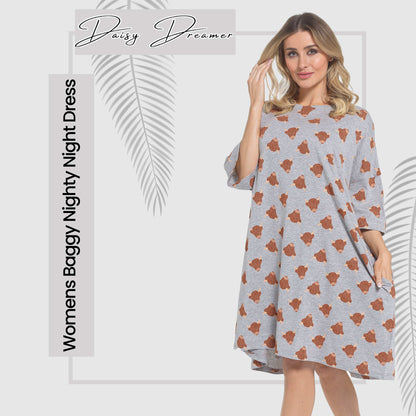 Women's Highland Cow Cream Baggy Nighty Dress Oversized T-Shirt Nighties 100% Cotton Short Sleeved Nightshirt for Ladies by Daisy Dreamer
