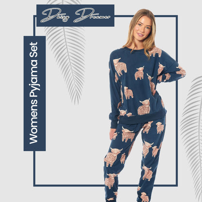 Women's Highland Cow Printed Soft Fleece Pyjama Set Long Sleeve Animal Warm PJs Loungewear Sleepwear for Ladies by Daisy Dreamer