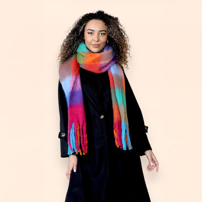 Women’s Orange Blue Chunky Knit Bright Plaid Blanket Scarf Long Winter Wrap Warm Check Shawl with Tassels Gift for Ladies by Daisy Dreamer
