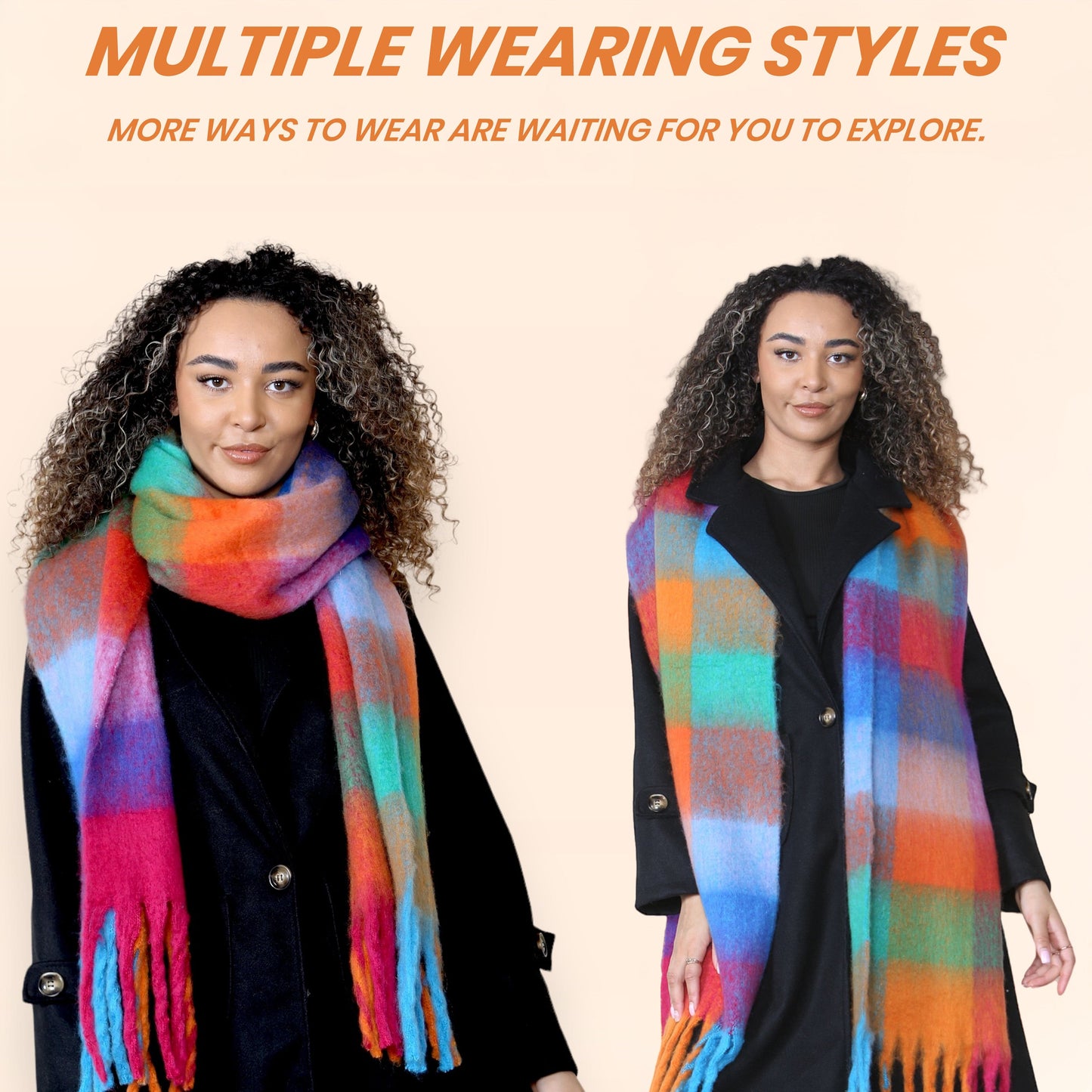 Women’s Orange Blue Chunky Knit Bright Plaid Blanket Scarf Long Winter Wrap Warm Check Shawl with Tassels Gift for Ladies by Daisy Dreamer