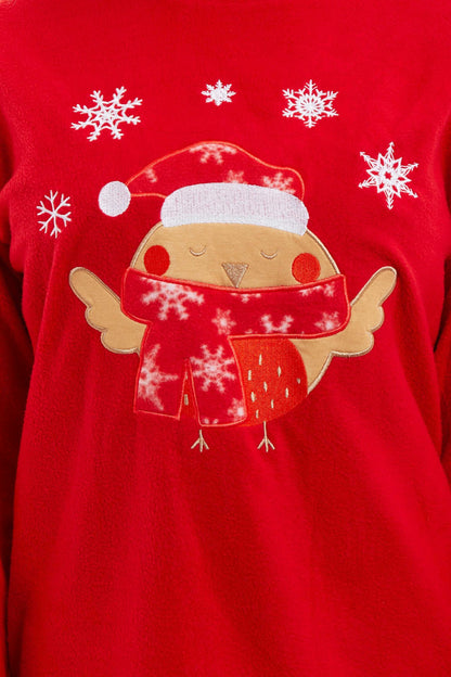 Women's Red Robin Polar Fleece Pyjama Set Super Soft Hooded Top and Elasticated Pants with Embroidered Detailing by Daisy Dreamer