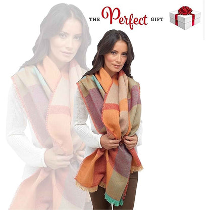 Women's Soft Woven Winter Scarves Lightweight Cozy Acrylic Wraps in Vibrant Orange Yellow Multi and Purple Red Multi by Sock Stack
