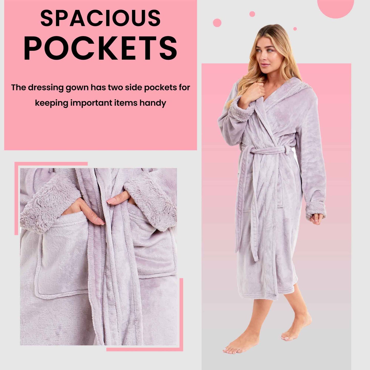 Women's Super Soft Plush Fleece Faux Fur Hooded Robe Luxurious Loungewear Bathrobe for Spa Hotel Home Pink Grey Sizes S-XL by Daisy Dreamer