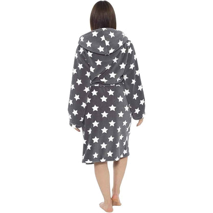 Women's Ultra Soft Plush Fleece Hooded Dressing Gown with Sherpa Lining Star Patterned Cozy Loungewear Nightwear Available in Sizes Small to X Large by Daisy Dreamer