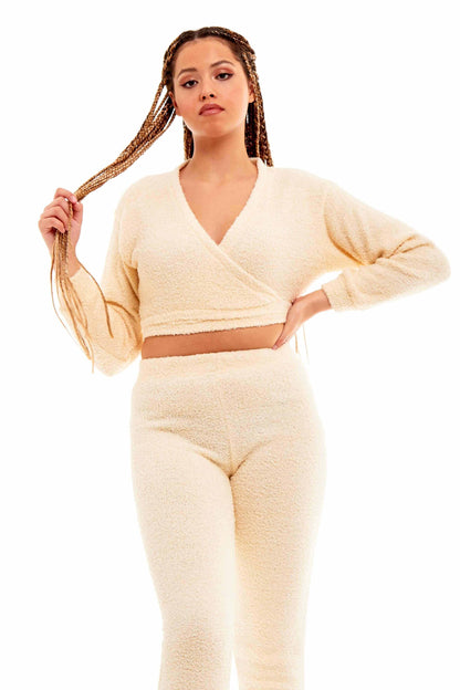 Women's Ultra Soft Teddy Fleece Loungewear Set Long Sleeve Wrap Top and Stretch Fit Pants Ideal for Relaxing and Sleeping Daisy Dreamer