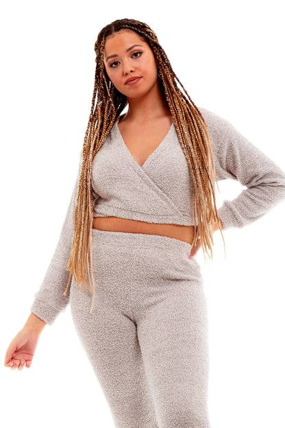 Women's Ultra Soft Teddy Fleece Loungewear Set Long Sleeve Wrap Top and Stretch Fit Pants Ideal for Relaxing and Sleeping Daisy Dreamer