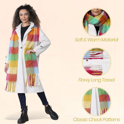 Women’s Yellow Burgundy Chunky Knit Bright Plaid Blanket Scarf Long Winter Wrap Warm Check Shawl with Tassels Gift for Ladies by Daisy Dreamer
