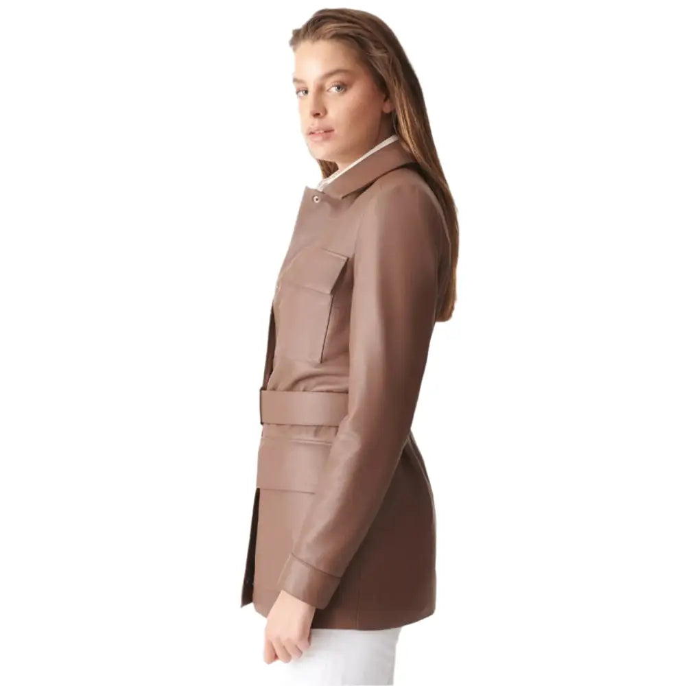 Women’s Brown Belted Leather Coat