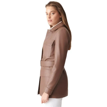 Women’s Brown Belted Leather Coat