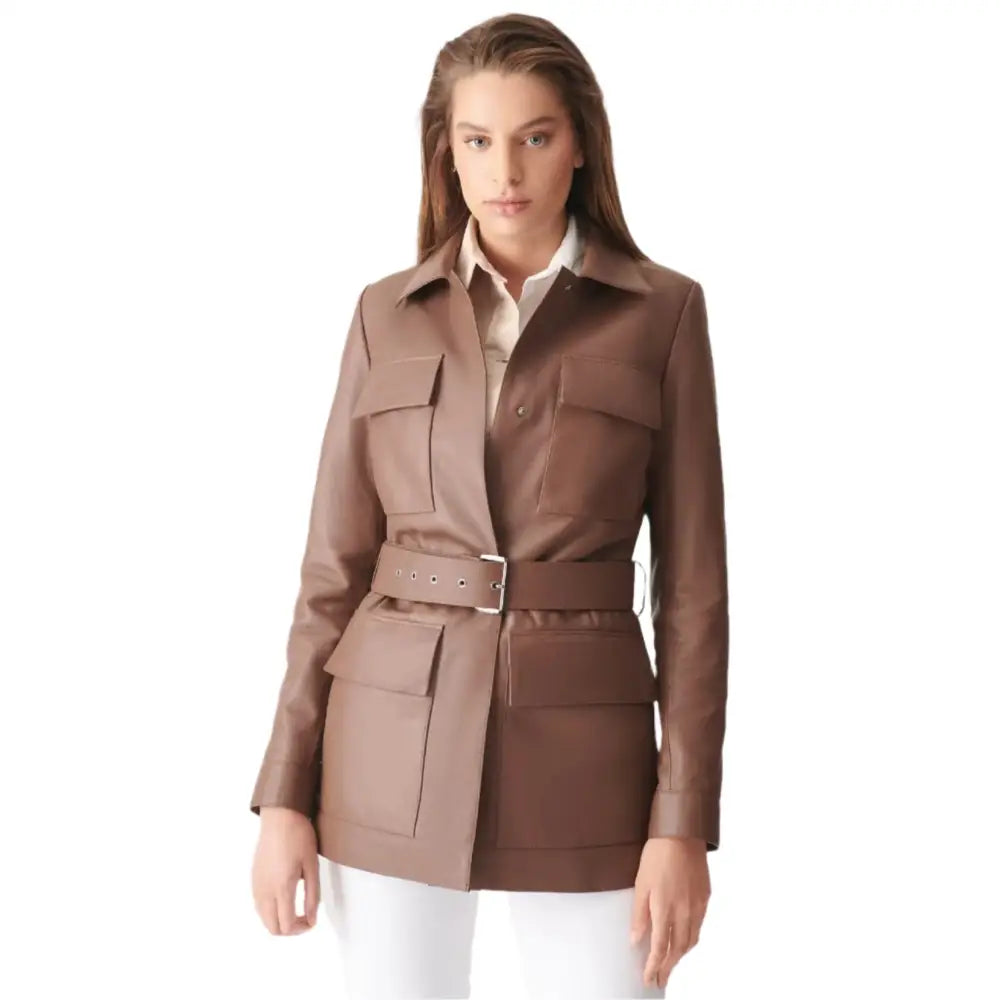 Women’s Brown Belted Leather Coat