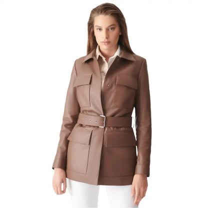 Women’s Brown Belted Leather Coat