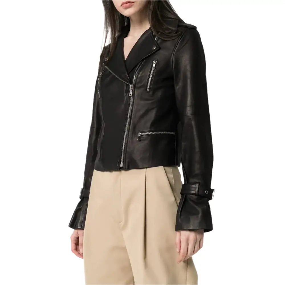 Women’s Petite Black Leather Asymmetrical Jacket