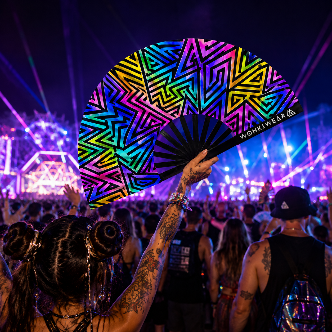 XL UV Reactive Abstract Festival Fan - Electric Rainbow