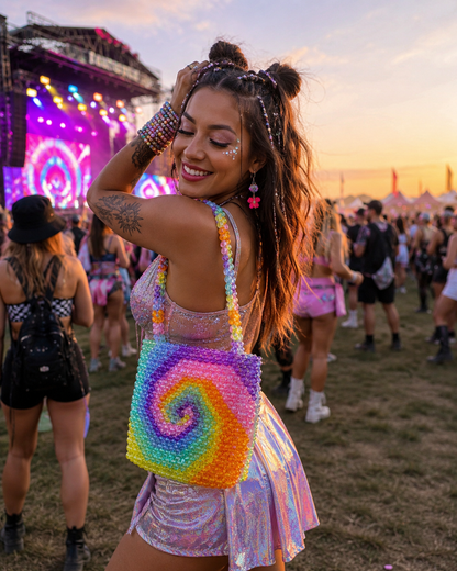 Handmade Rainbow Beaded Shoulder Bag – Spiral Tie Dye Festival Statement Bag