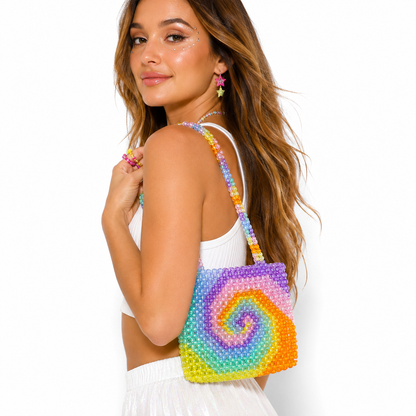 Handmade Rainbow Beaded Shoulder Bag – Spiral Tie Dye Festival Statement Bag