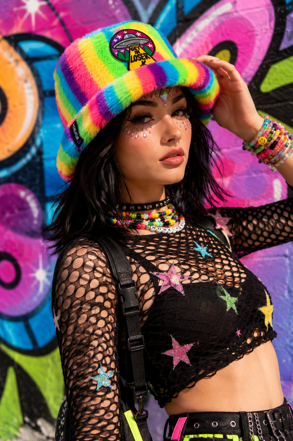 Handmade Neon Rainbow Furry Bucket Hat – Get In Loser UFO Festival Hat