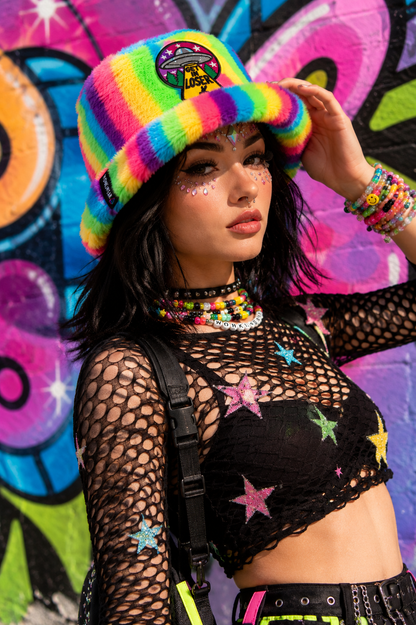Handmade Neon Rainbow Furry Bucket Hat – Get In Loser UFO Festival Hat