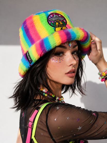 Handmade Neon Rainbow Furry Bucket Hat – Get In Loser UFO Festival Hat