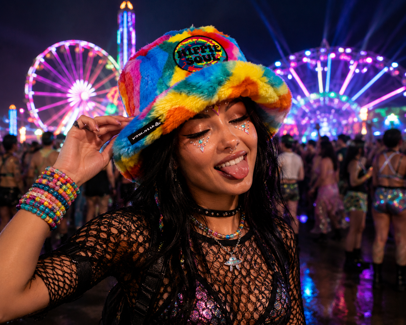 Handmade Rainbow Swirl Furry Bucket Hat – Hippie Soul Festival & Rave Hat