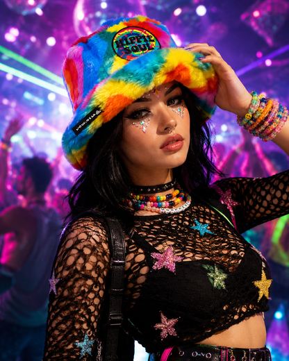 Handmade Rainbow Swirl Furry Bucket Hat – Hippie Soul Festival & Rave Hat