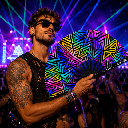 XL UV Reactive Abstract Festival Fan - Electric Rainbow