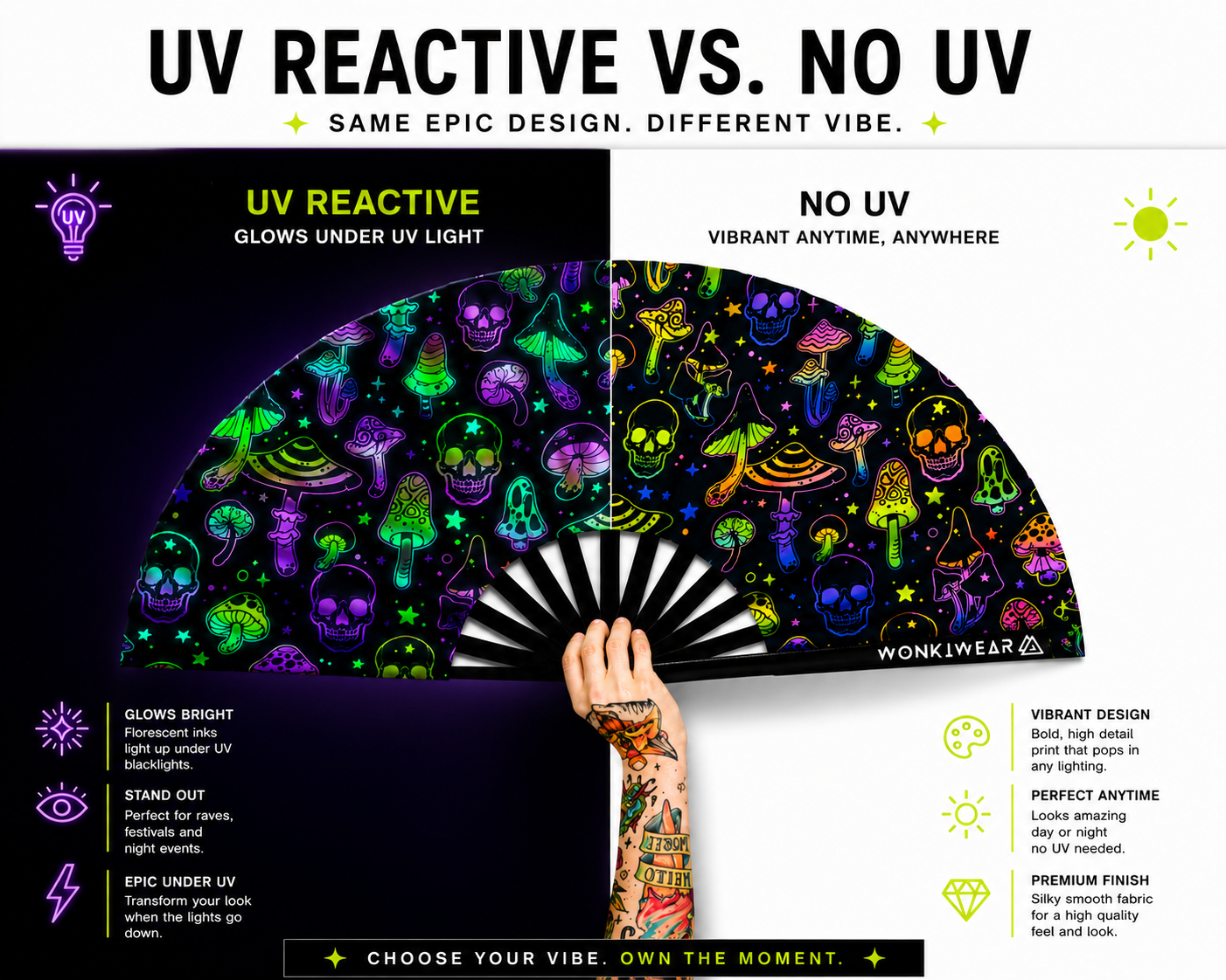 XL UV Reactive Mushroom & Skulls Festival Fan