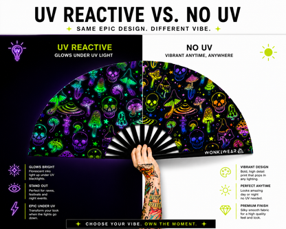 XL UV Reactive Mushroom & Skulls Festival Fan