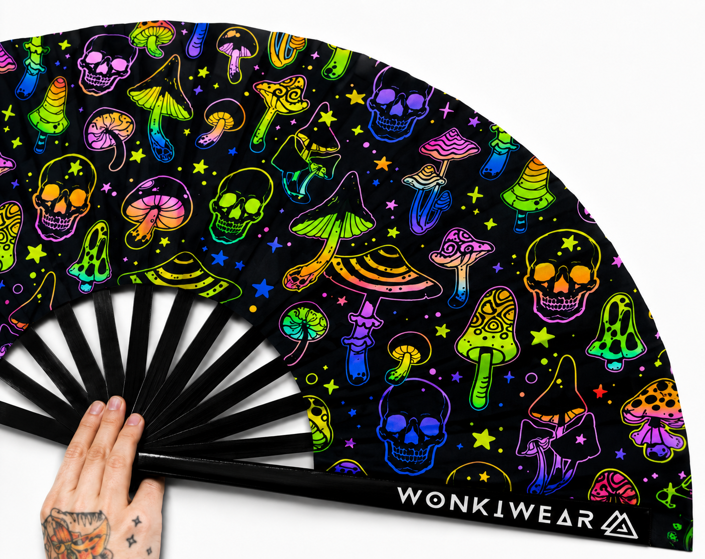 XL UV Reactive Mushroom & Skulls Festival Fan