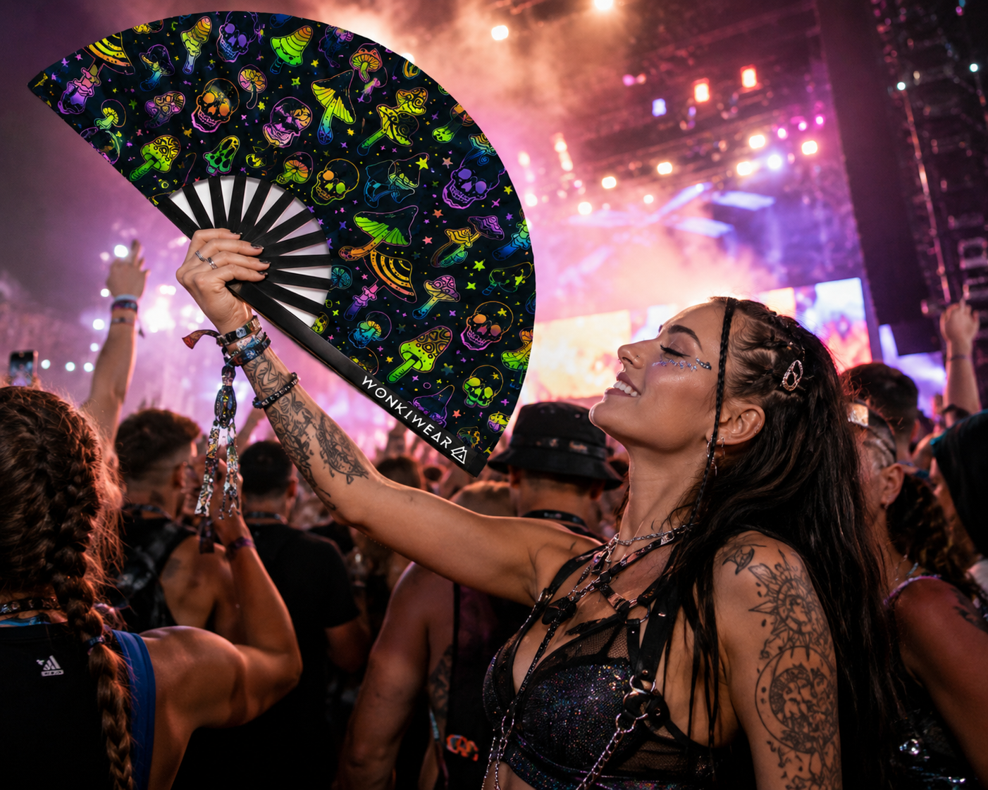 XL UV Reactive Mushroom & Skulls Festival Fan