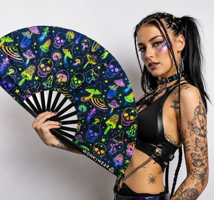 XL UV Reactive Mushroom & Skulls Festival Fan