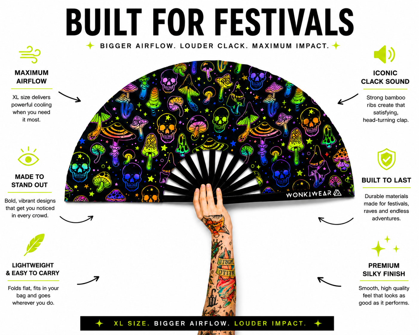 XL UV Reactive Mushroom & Skulls Festival Fan
