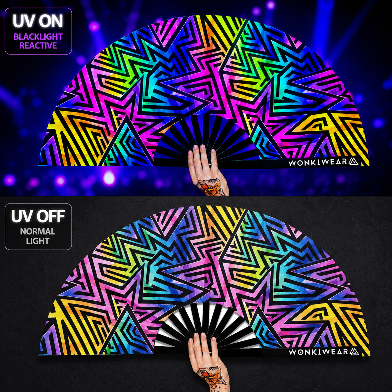 XL UV Reactive Abstract Festival Fan - Electric Rainbow