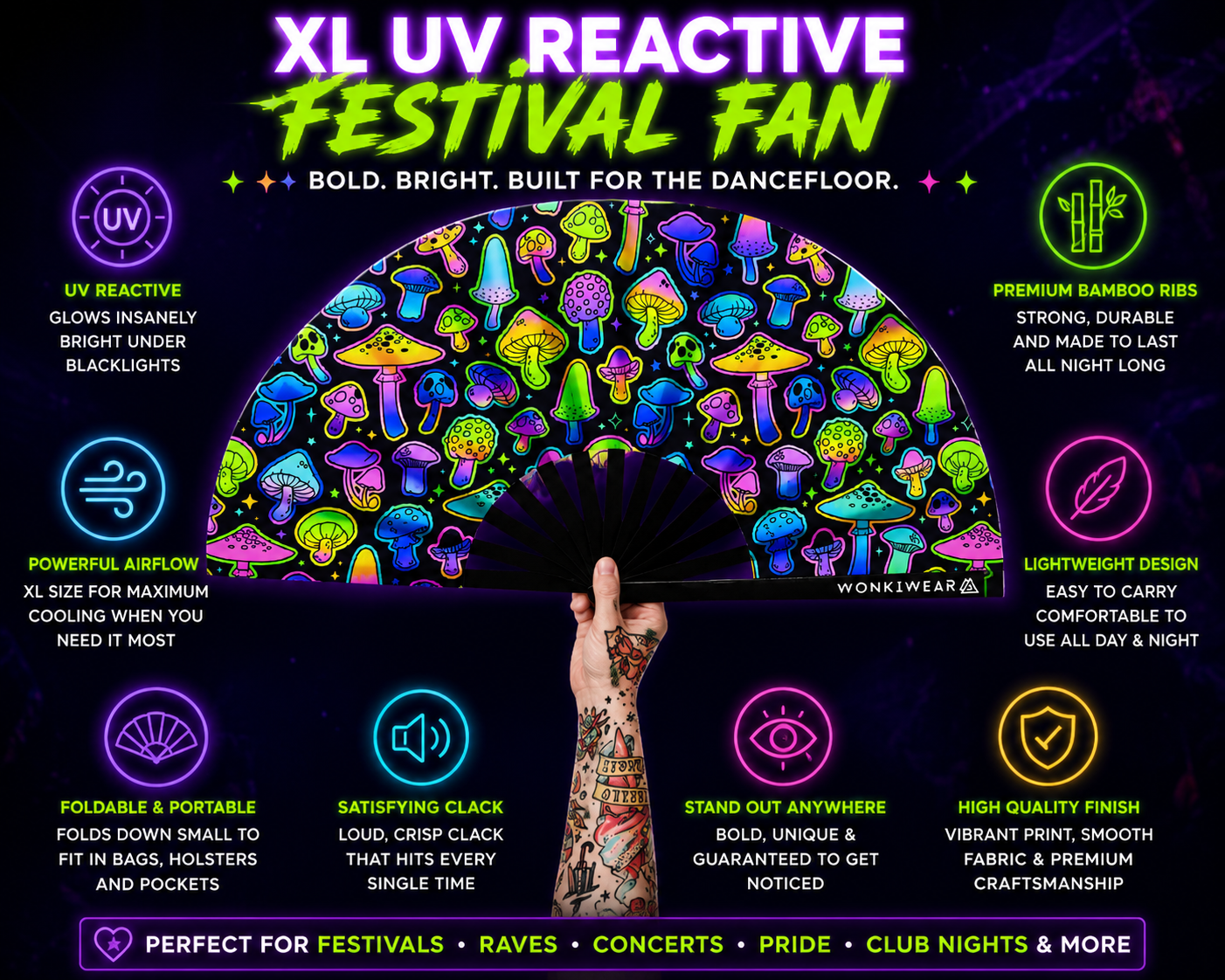 XL UV Reactive Mushroom Festival Fan