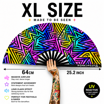 XL UV Reactive Abstract Festival Fan - Electric Rainbow
