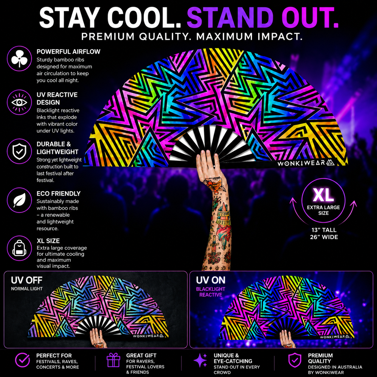 XL UV Reactive Abstract Festival Fan - Electric Rainbow