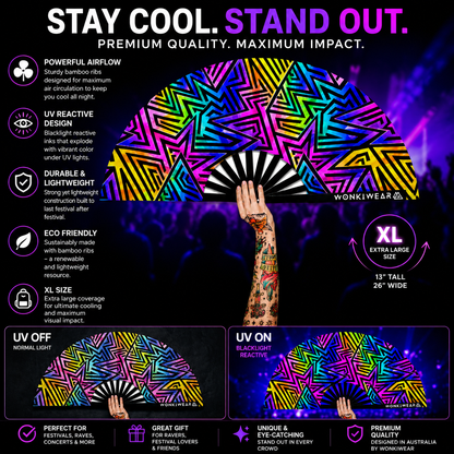XL UV Reactive Abstract Festival Fan - Electric Rainbow