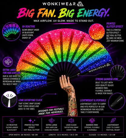 XL UV Reactive Rainbow Pride Festival Fan – Printed Glitter Effect Clack Fan