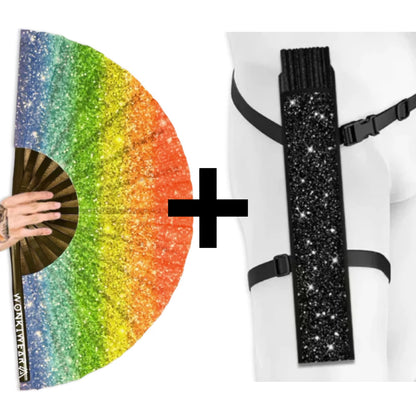 XL UV Reactive Rainbow Pride Festival Fan – Printed Glitter Effect Clack Fan