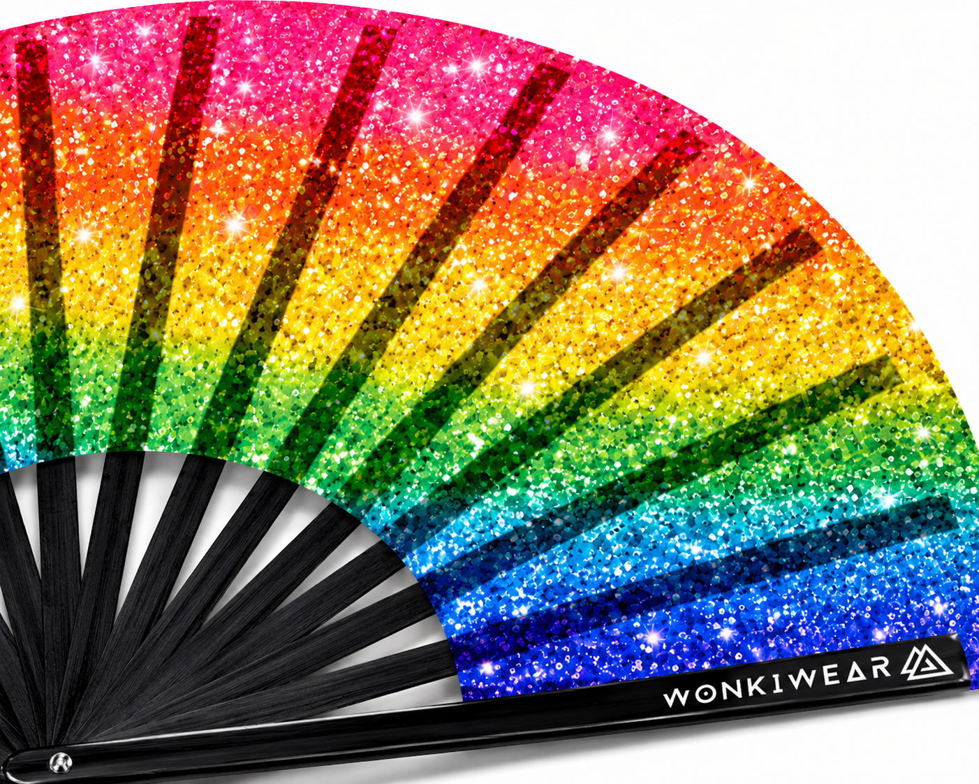 XL UV Reactive Rainbow Pride Festival Fan – Printed Glitter Effect Clack Fan