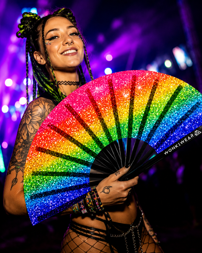 XL UV Reactive Rainbow Pride Festival Fan – Printed Glitter Effect Clack Fan