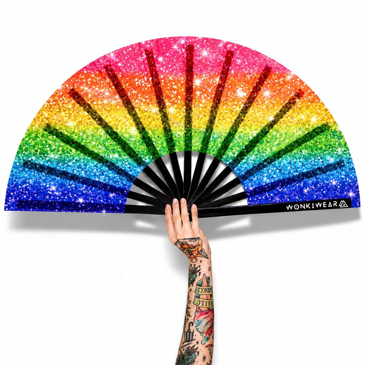 XL UV Reactive Rainbow Pride Festival Fan – Printed Glitter Effect Clack Fan