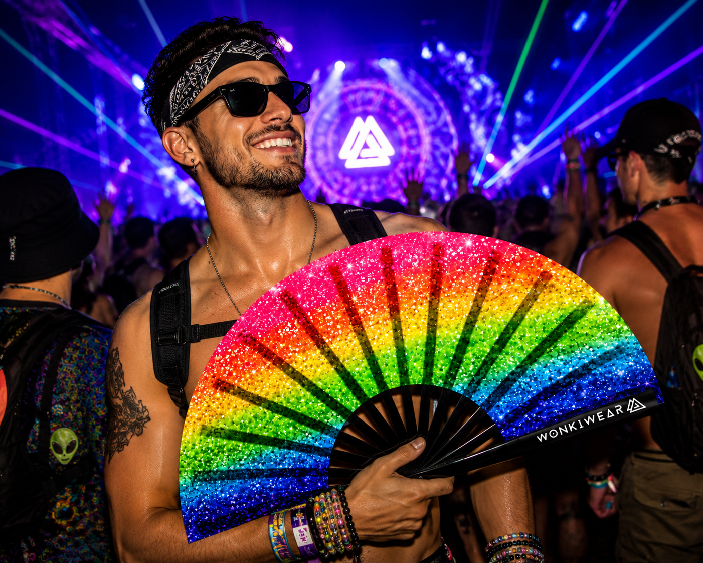 XL UV Reactive Rainbow Pride Festival Fan – Printed Glitter Effect Clack Fan
