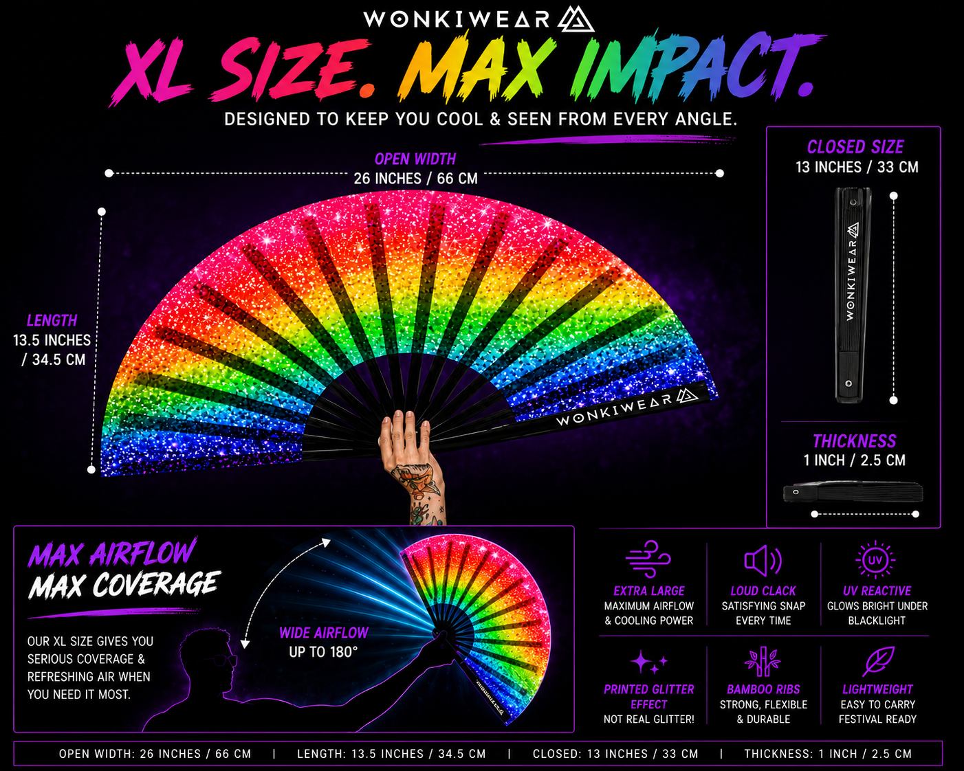XL UV Reactive Rainbow Pride Festival Fan – Printed Glitter Effect Clack Fan